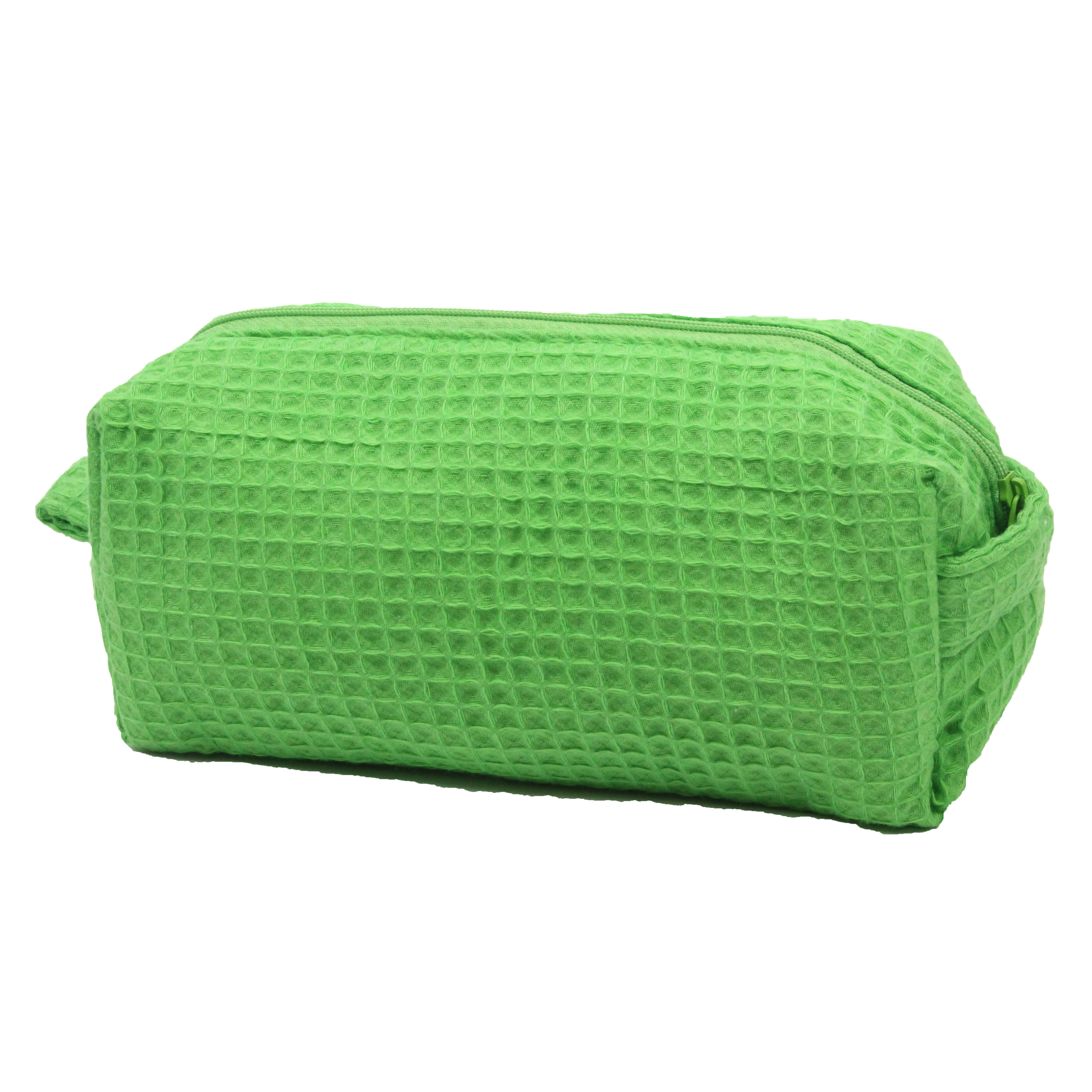 What are the dimensions of the green waffle weave cosmetic bag?