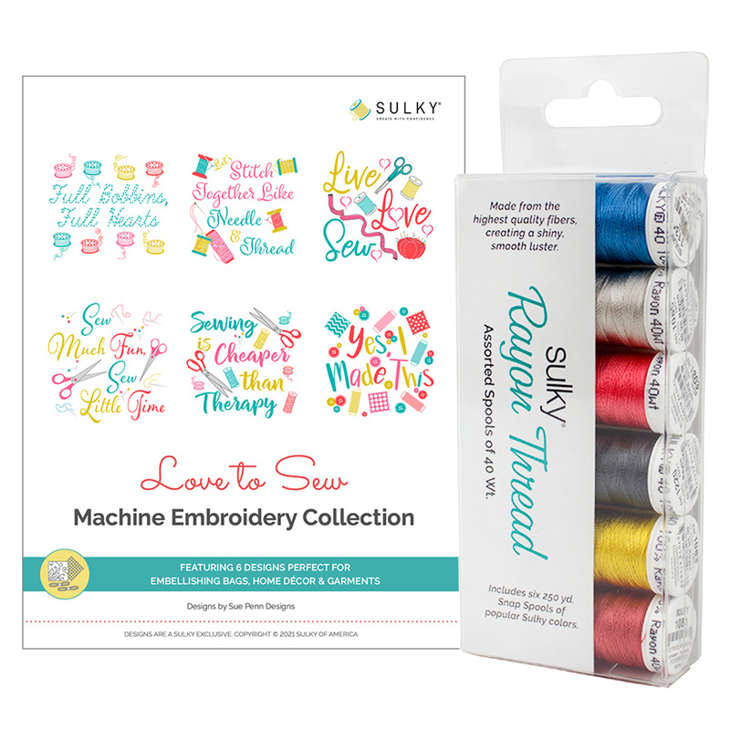 Love to Sew Machine Embroidery Palette - 40 wt. Rayon - 6-pack + 6 Designs Questions & Answers